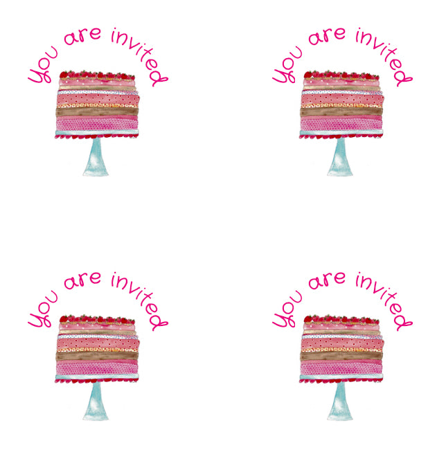 Pretty in Pink - Tea Party invitation set of 4 greeting cards with stickers