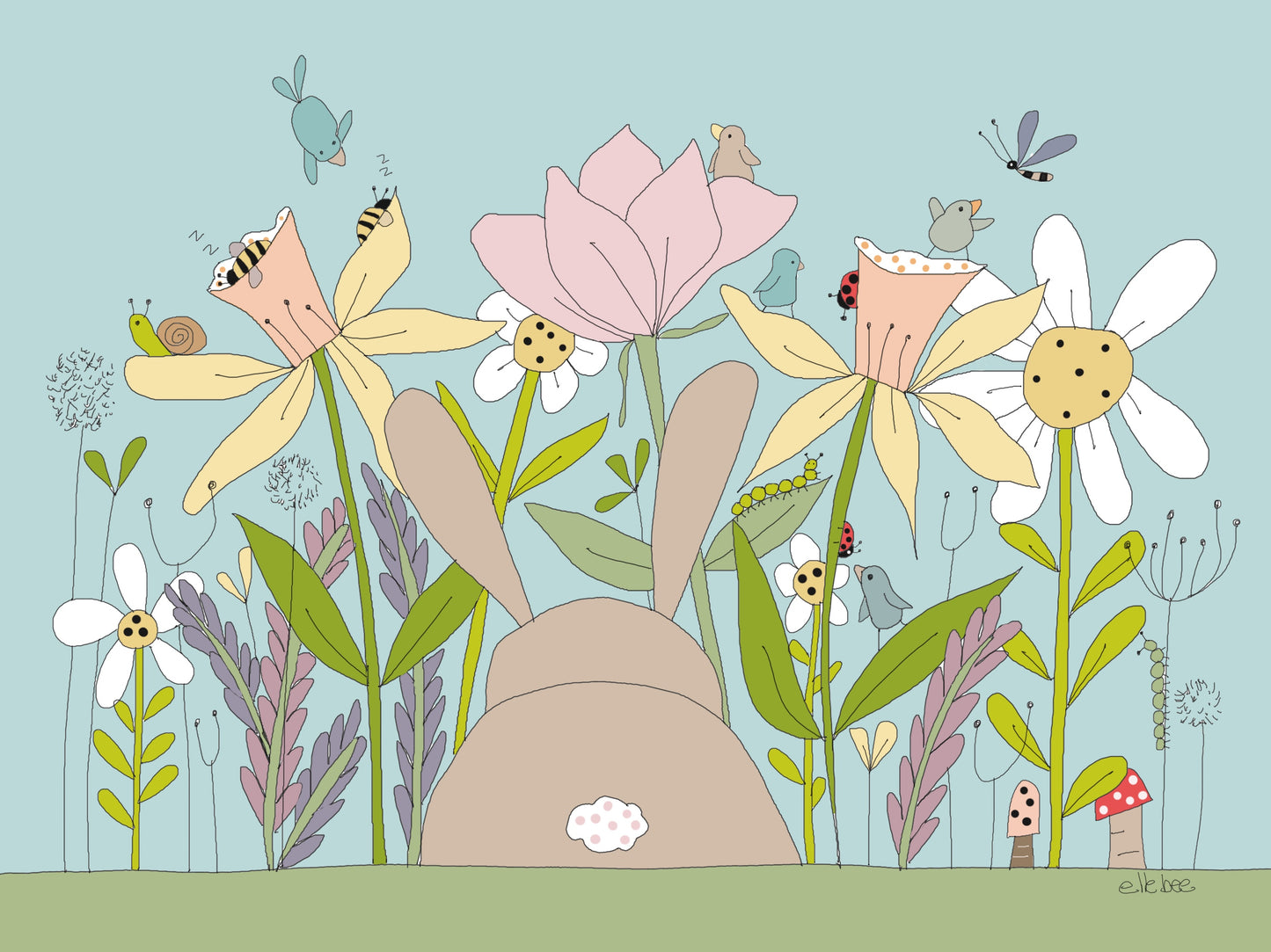 The Bees fell asleep in the Daffodil greeting card blue background