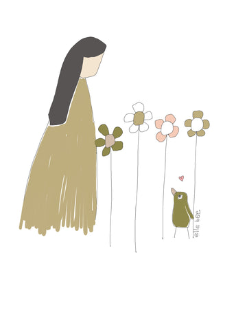 Lady in gold in the garden greeting card