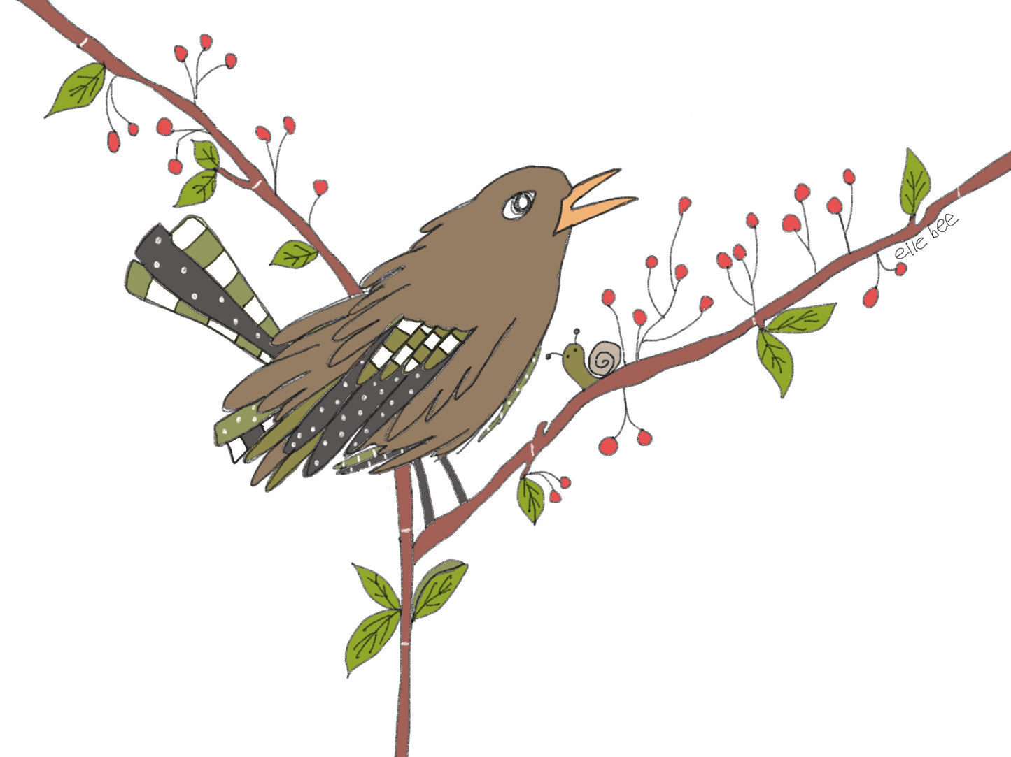 Brown bird & berries greeting card