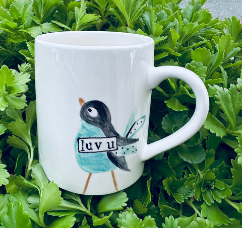 Jade & Black bird “luv u” mug