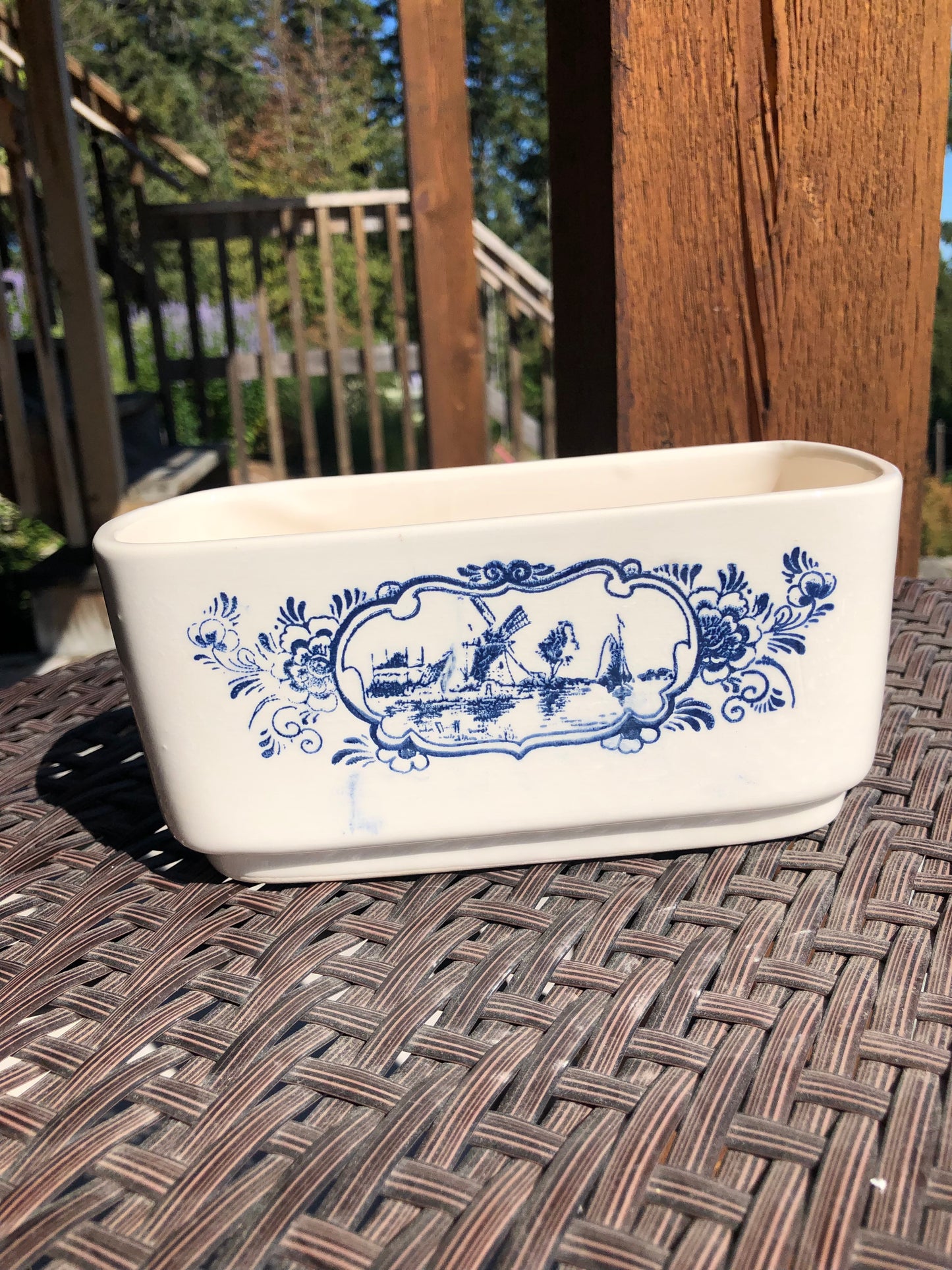 Vintage Delft Blauw Hand painted in Holland planter Windmill ship scene