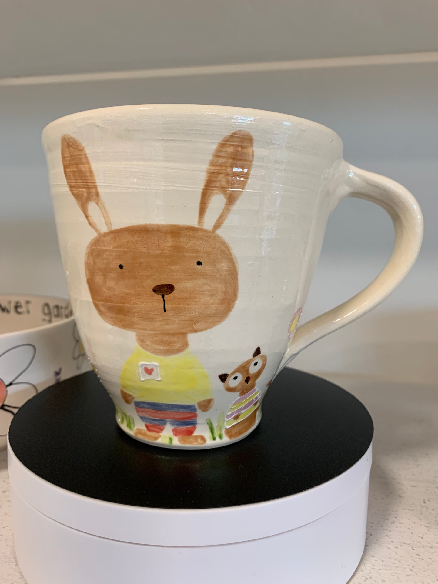 Large wheel thrown mug "Bunny and her kitty"