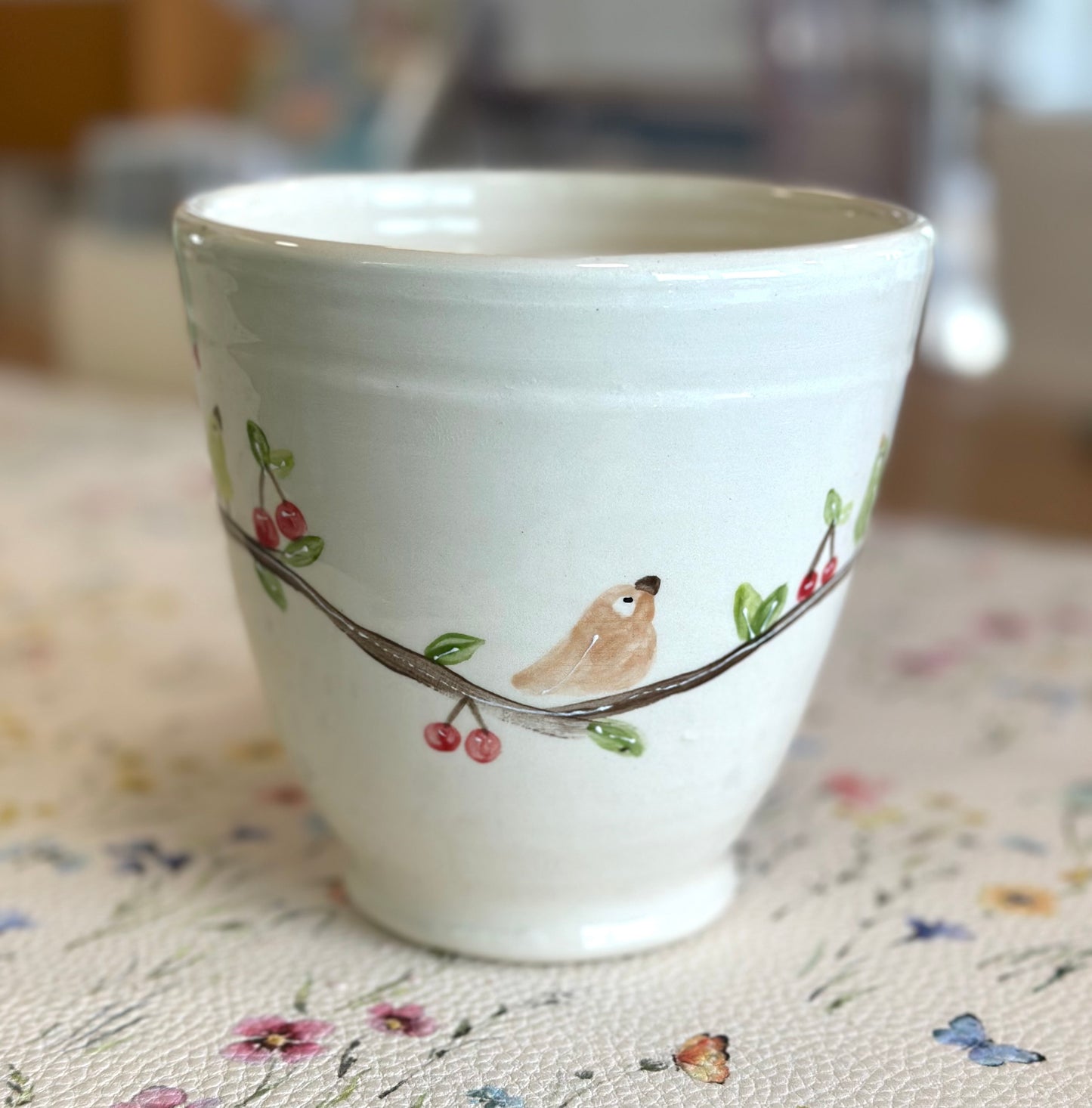 Birds & Cherries large wheel thrown mug