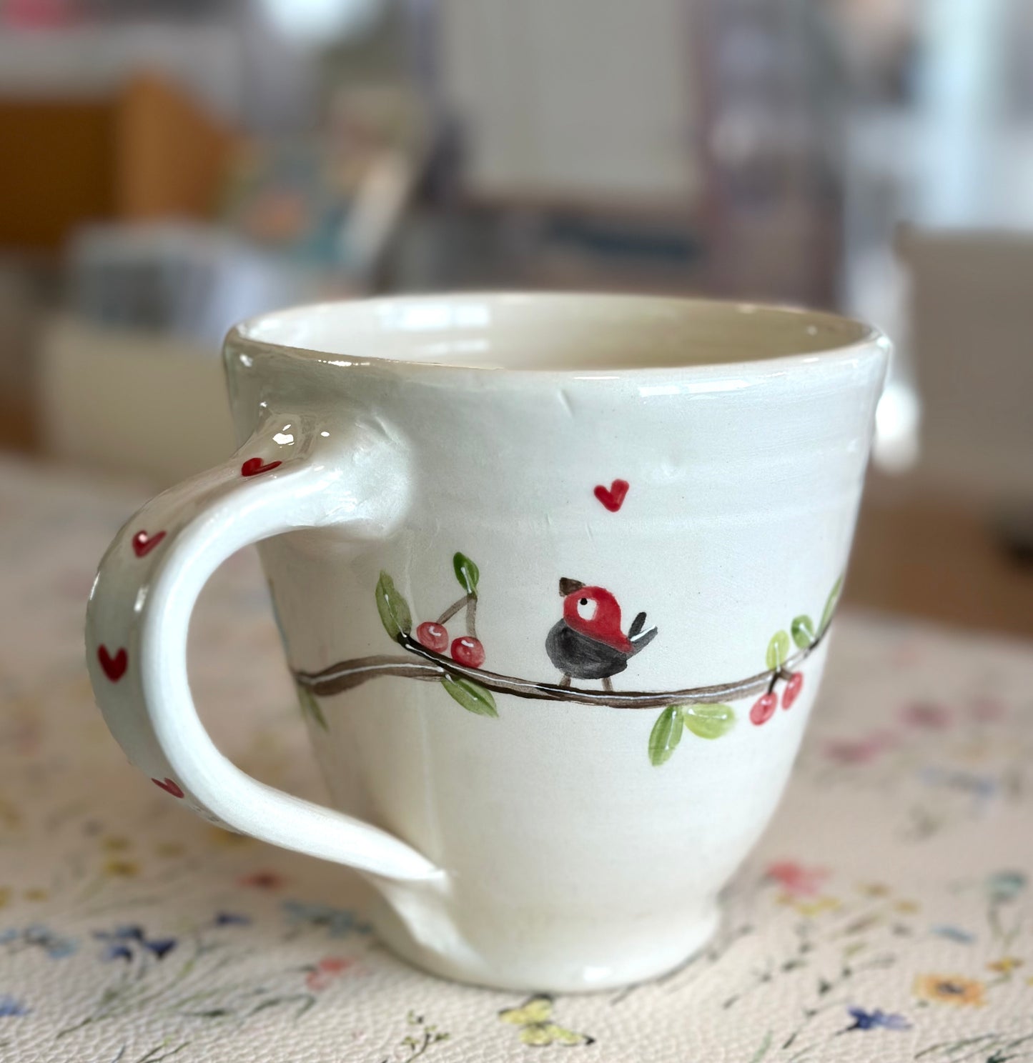 Birds & Cherries large wheel thrown mug