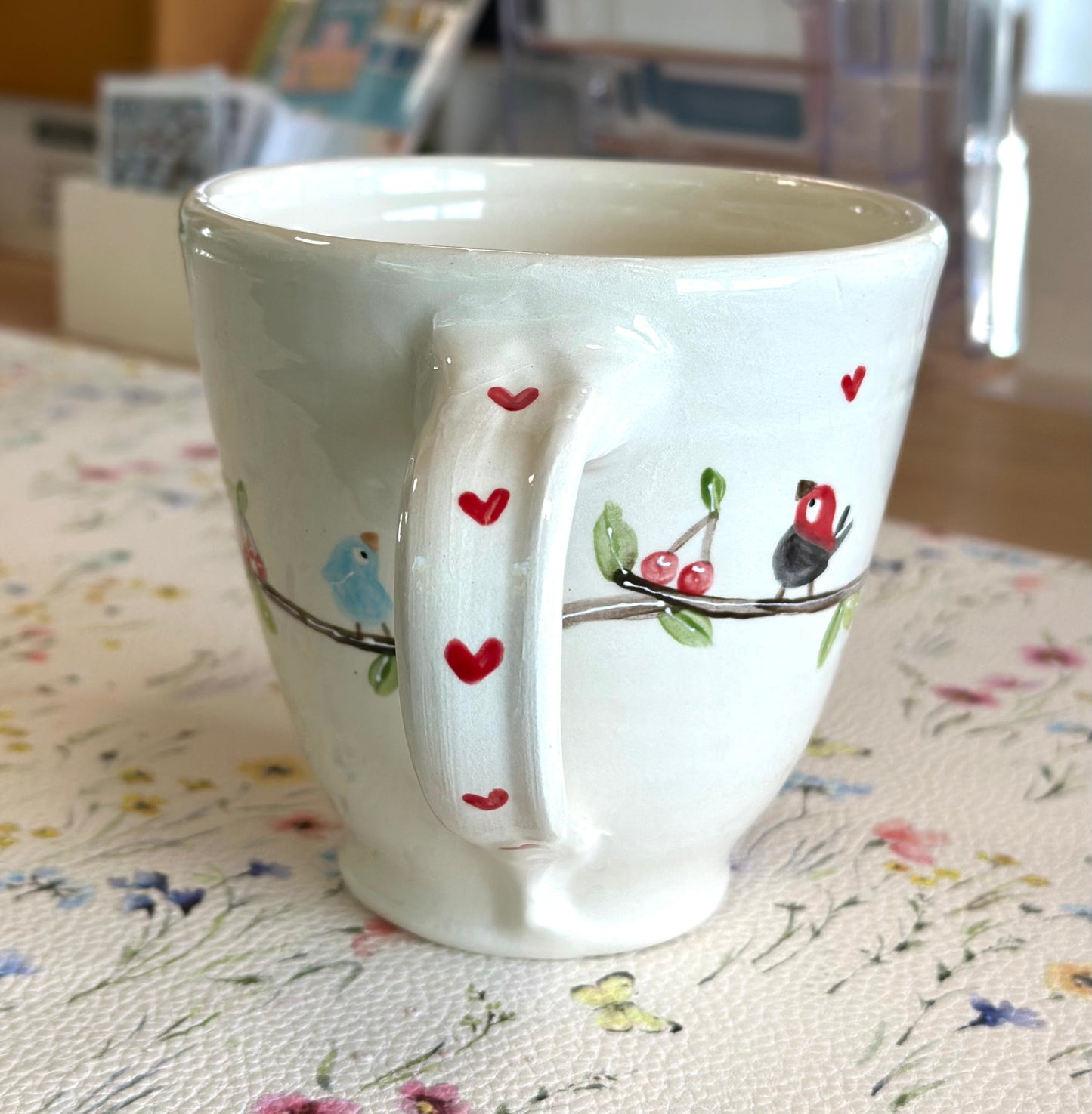 Birds & Cherries large wheel thrown mug
