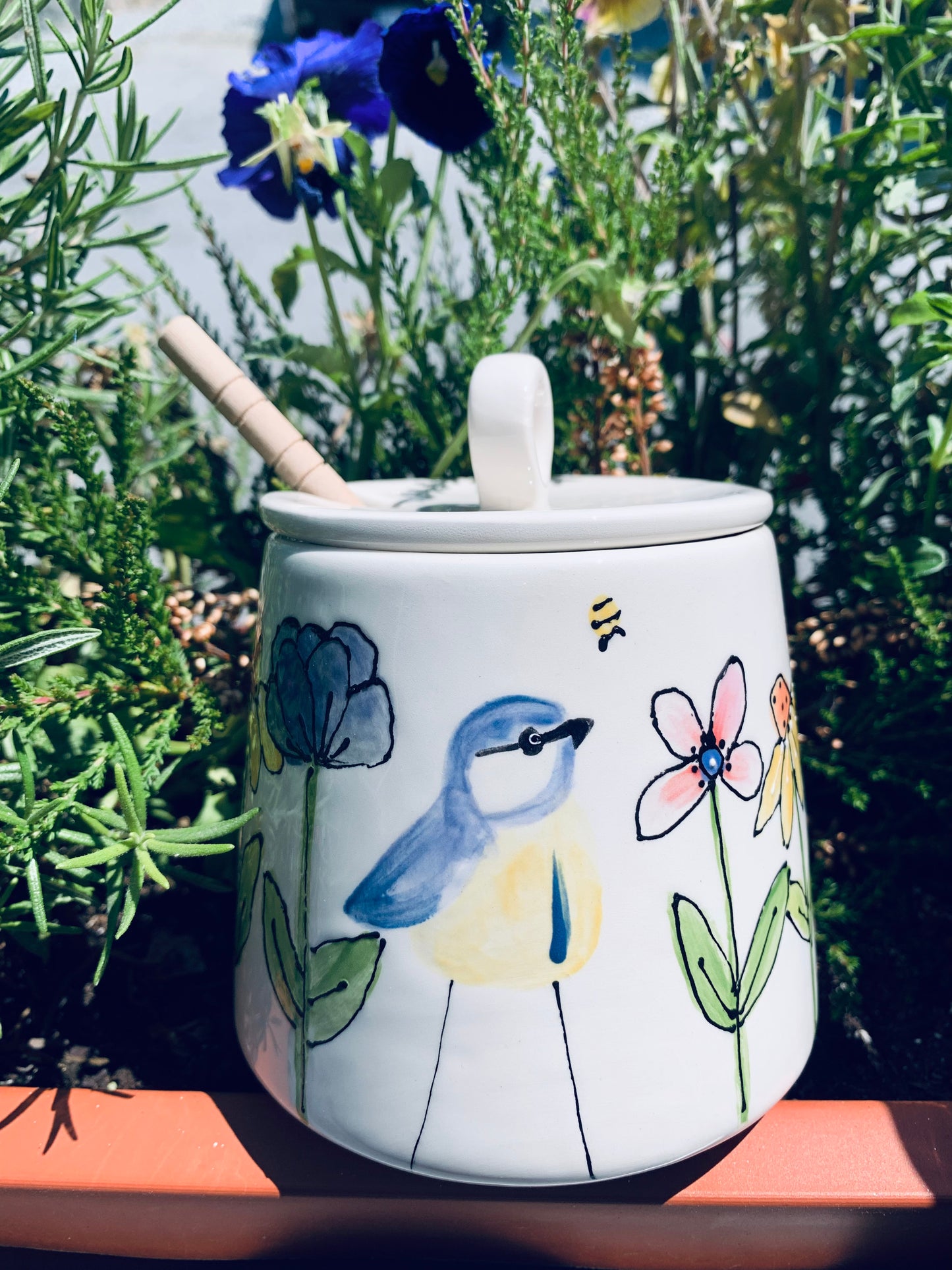 "Blue Tit bird in the garden" honey pot