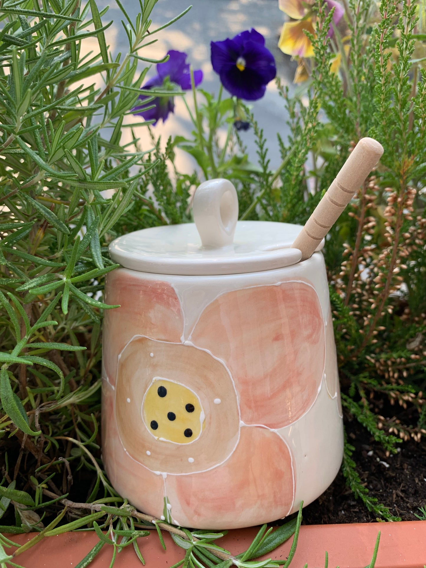 “Poppies and duck” honey pot