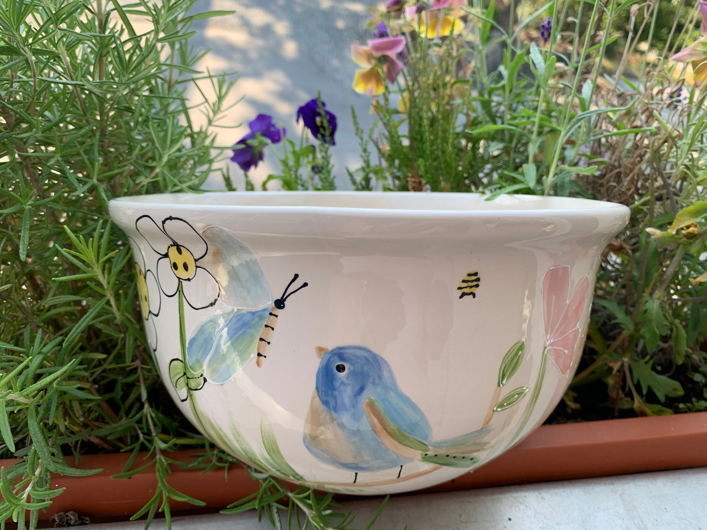 “Bluebird garden” hand painted serving bowl