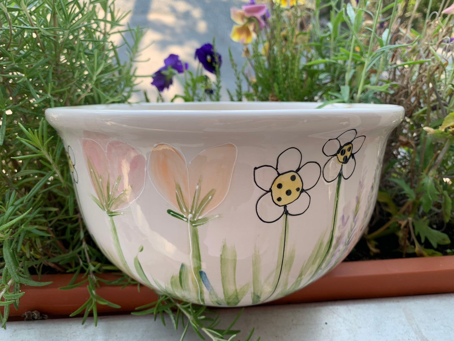 “Bluebird garden” hand painted serving bowl
