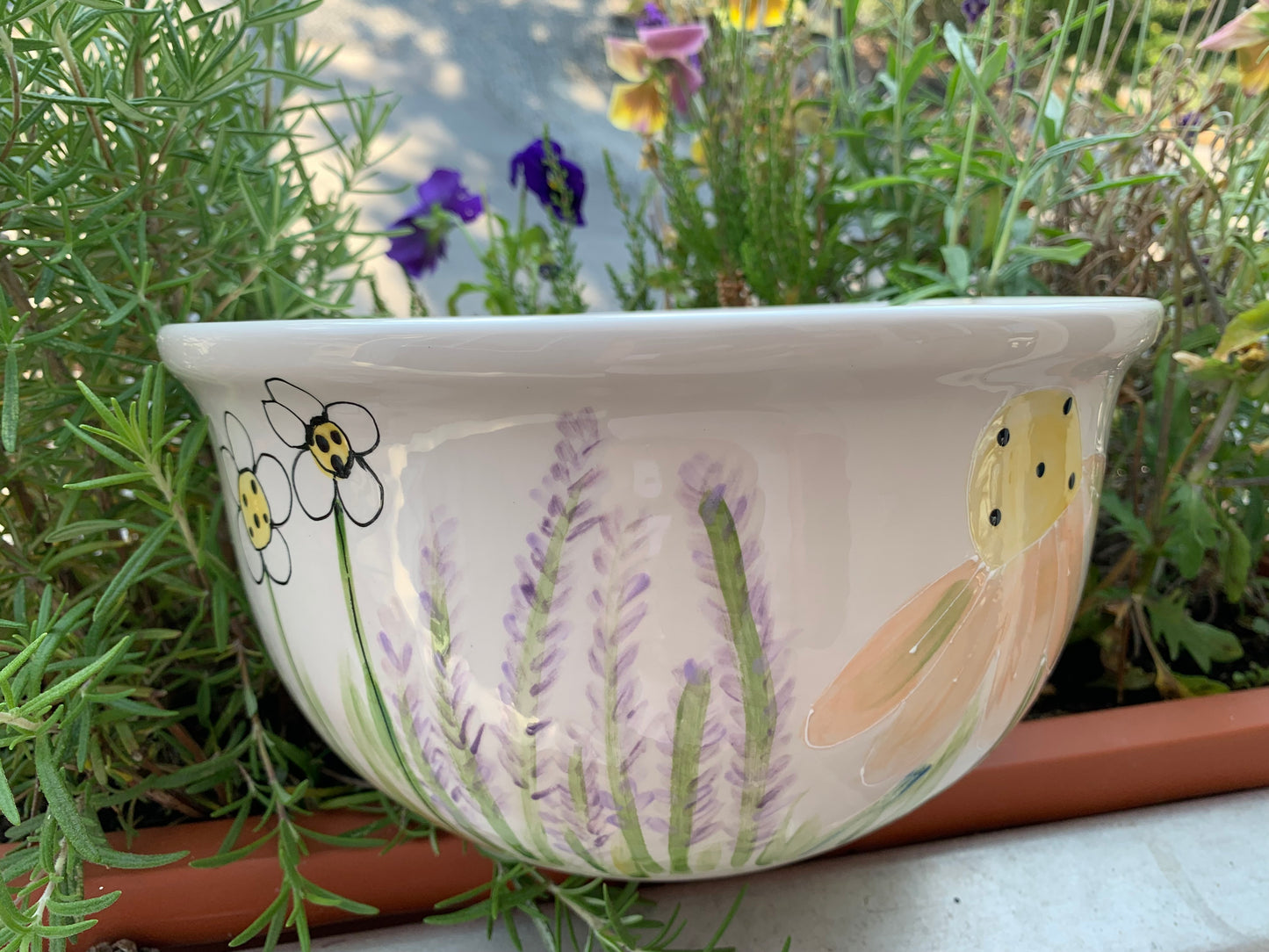 “Bluebird garden” hand painted serving bowl