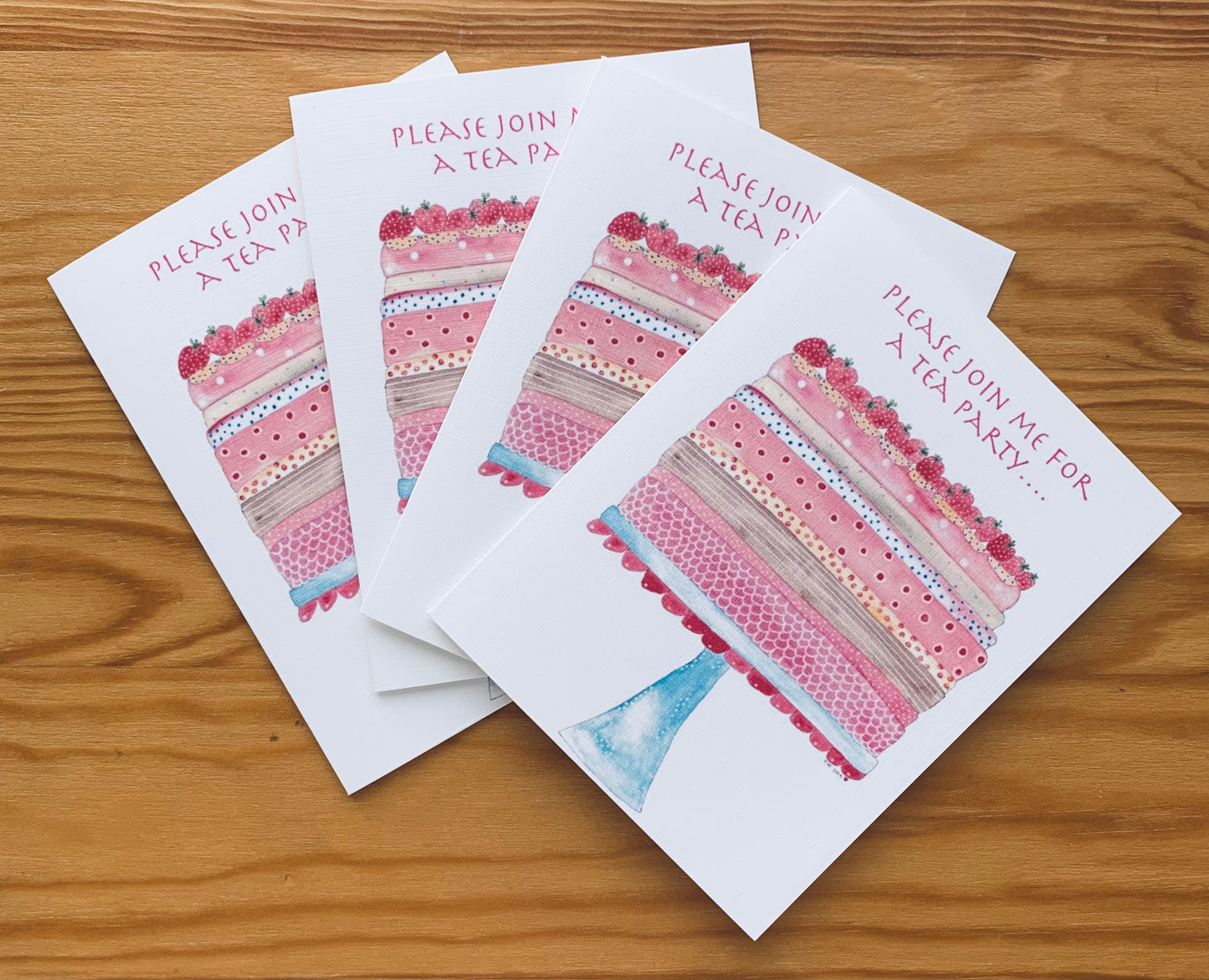 Pretty in Pink - Tea Party invitation set of 4 greeting cards with stickers