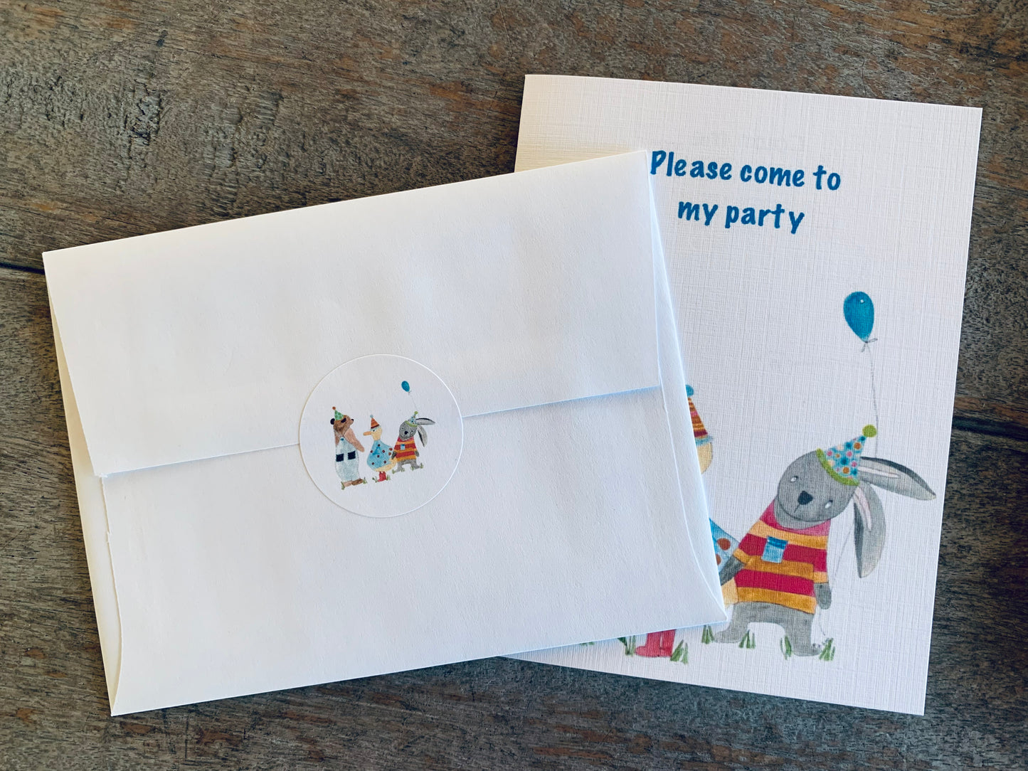Kids Party invitation set of 4 greeting cards with stickers