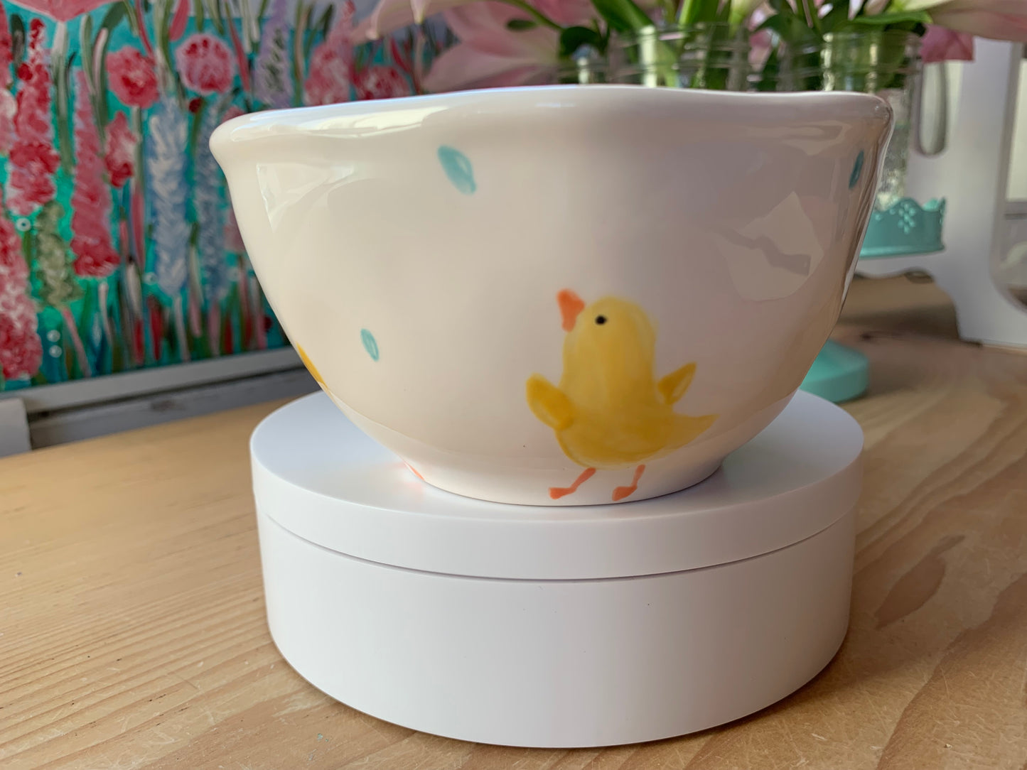 Ducks playing in the rain ice cream bowl