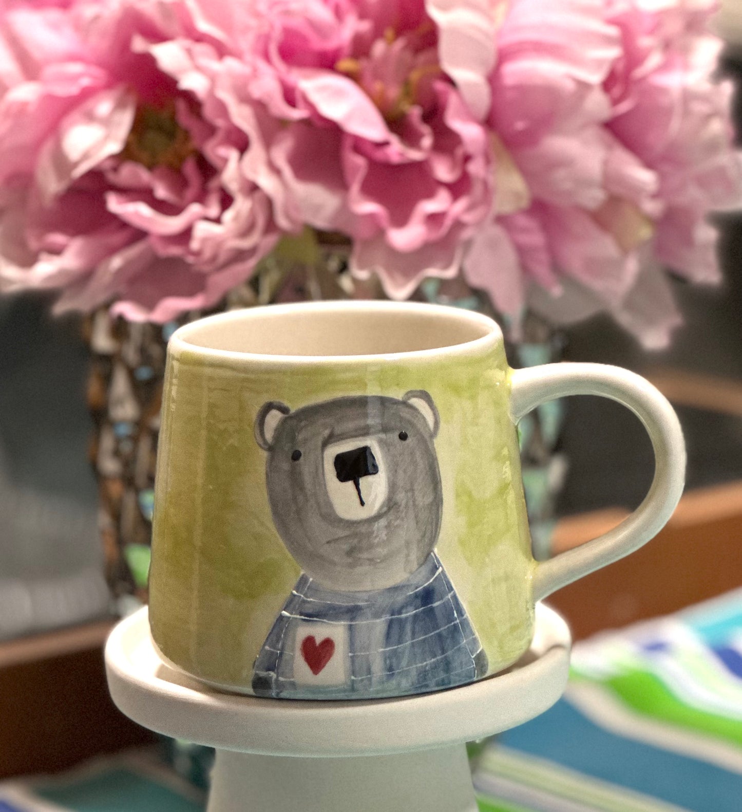 Grey bear in striped shirt mug