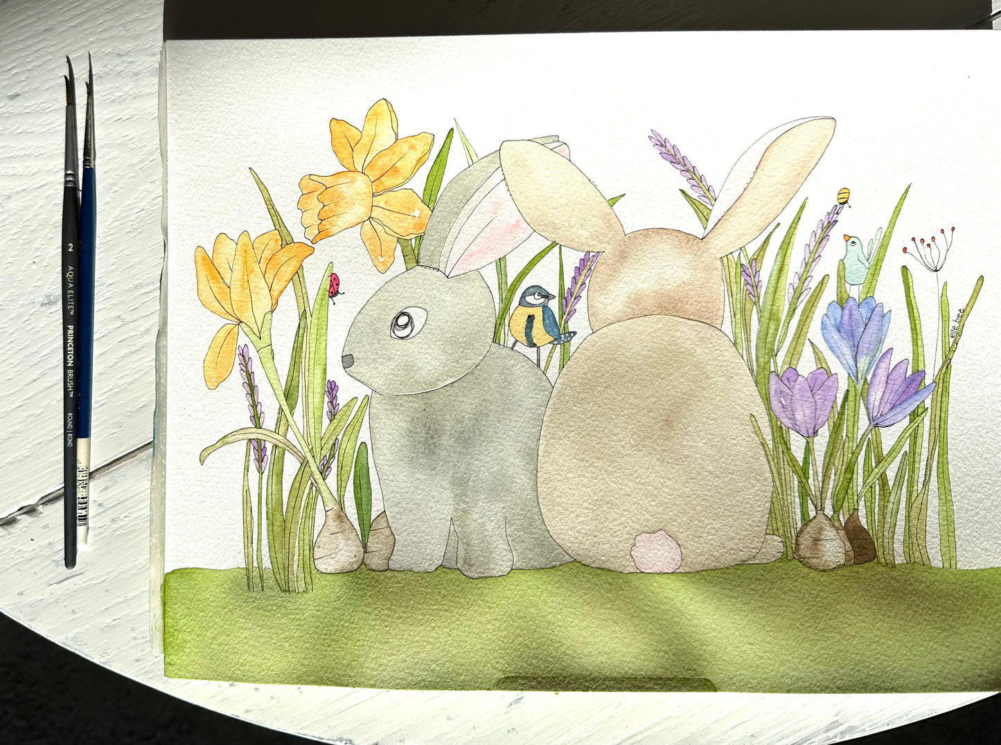 Spring Bulbs & Bunnies Original watercolour