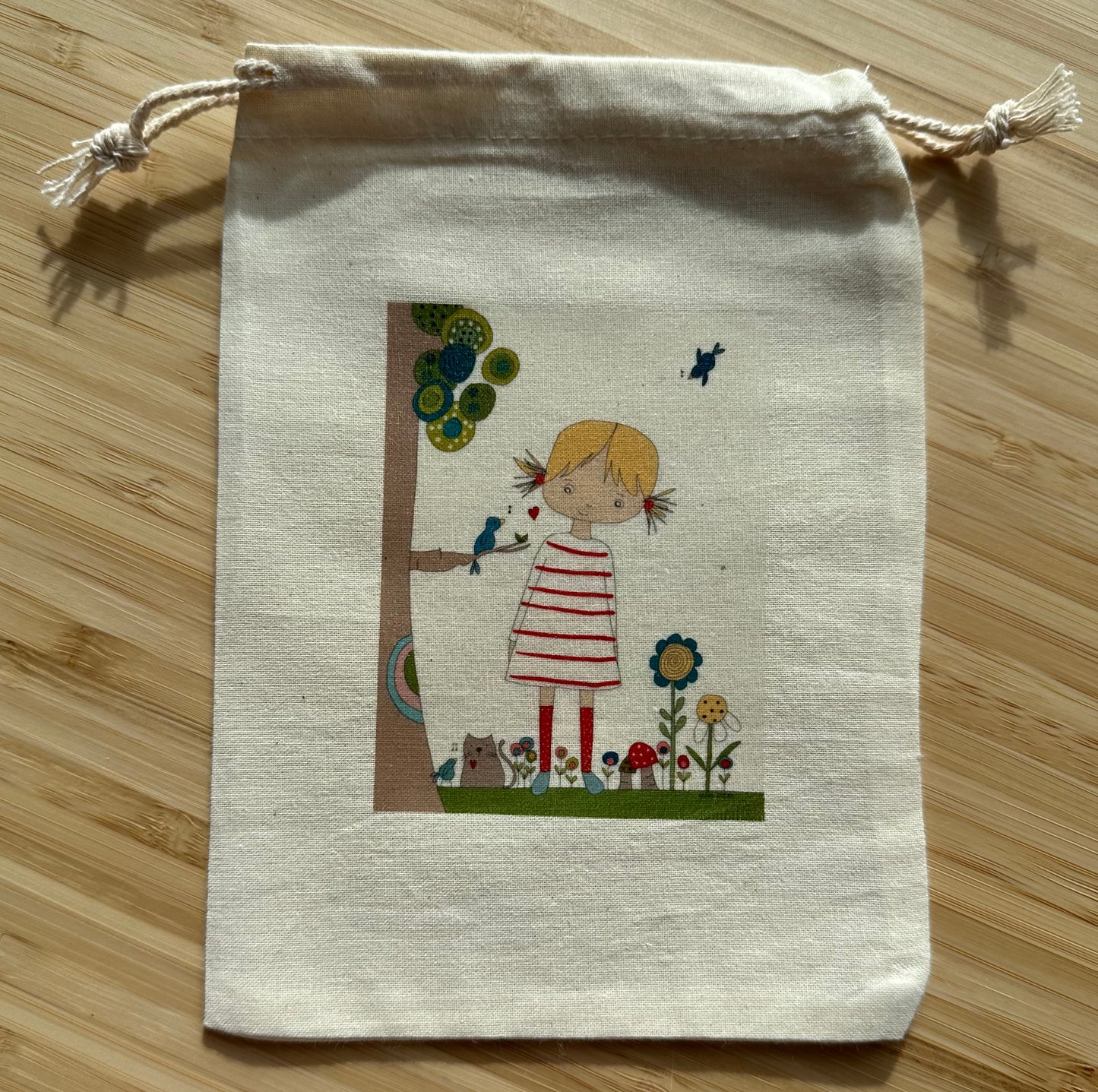 "Lily's Bluebird Garden” drawstring bag