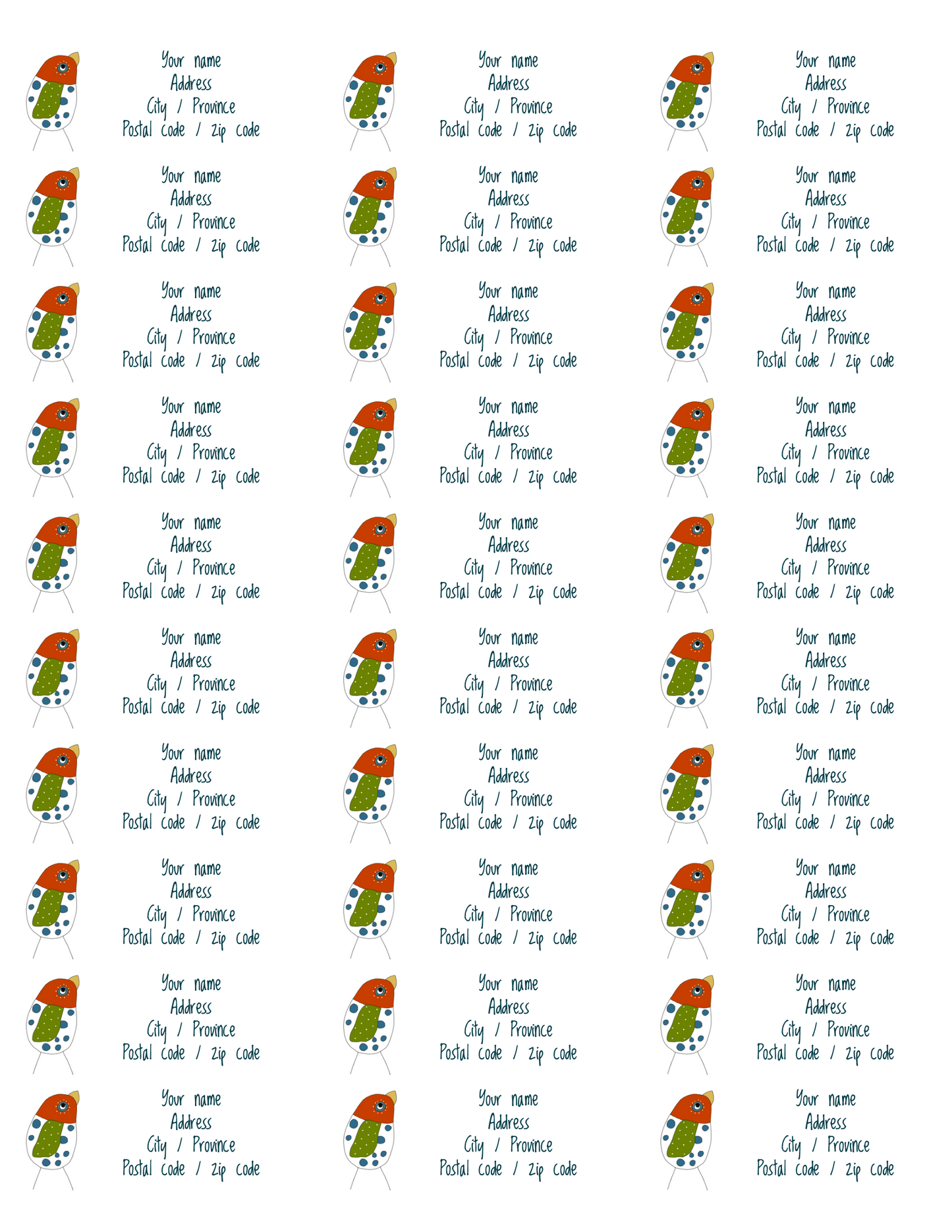 Orange bird Address Labels set of 30
