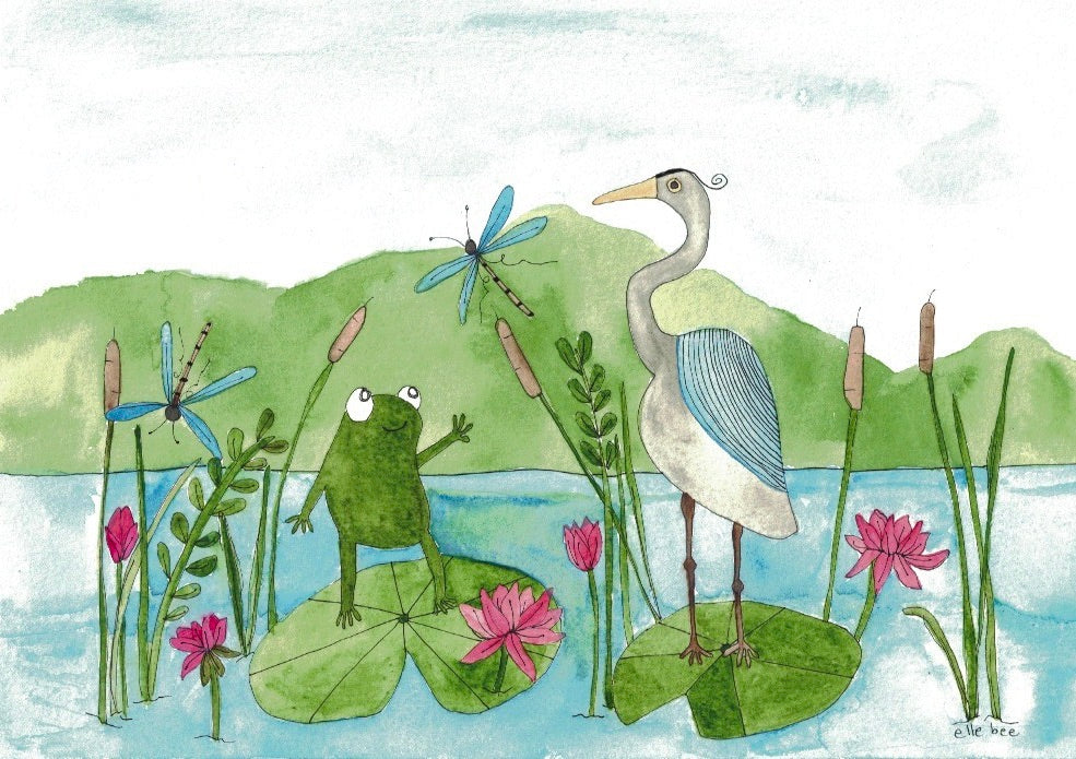 Heron & frog on Lilypads greeting card
