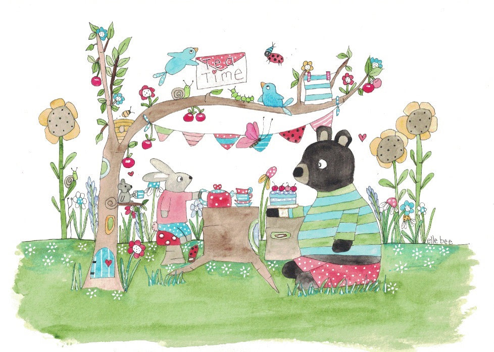 Tea time with bear & bunny greeting card