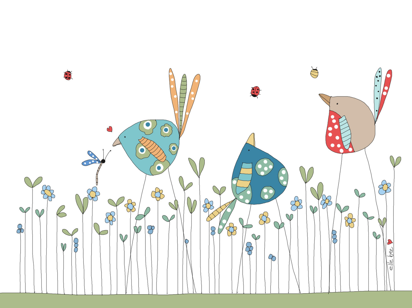 Greeting card "3 birds in the garden"
