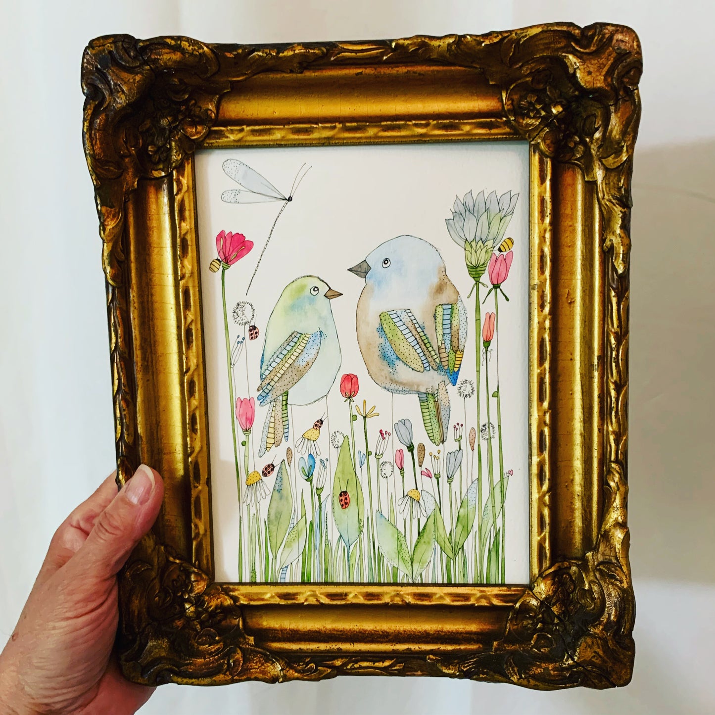 “Best Friends” original watercolour in a vintage frame