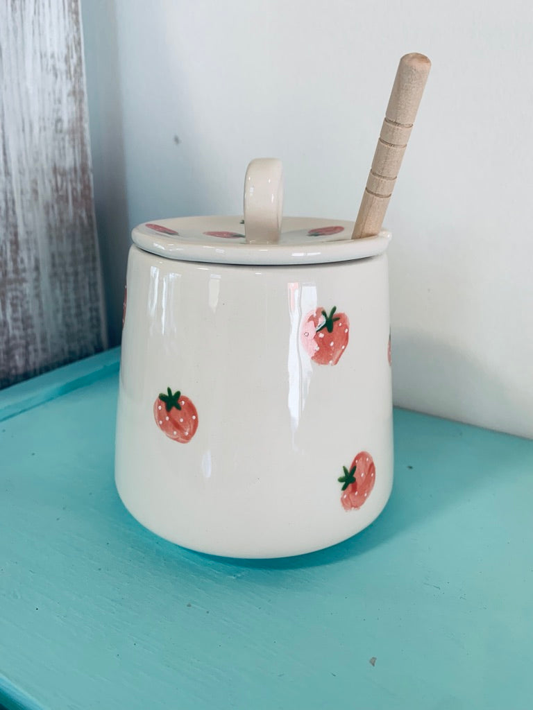 Honey pot - strawberry jam and bluebird