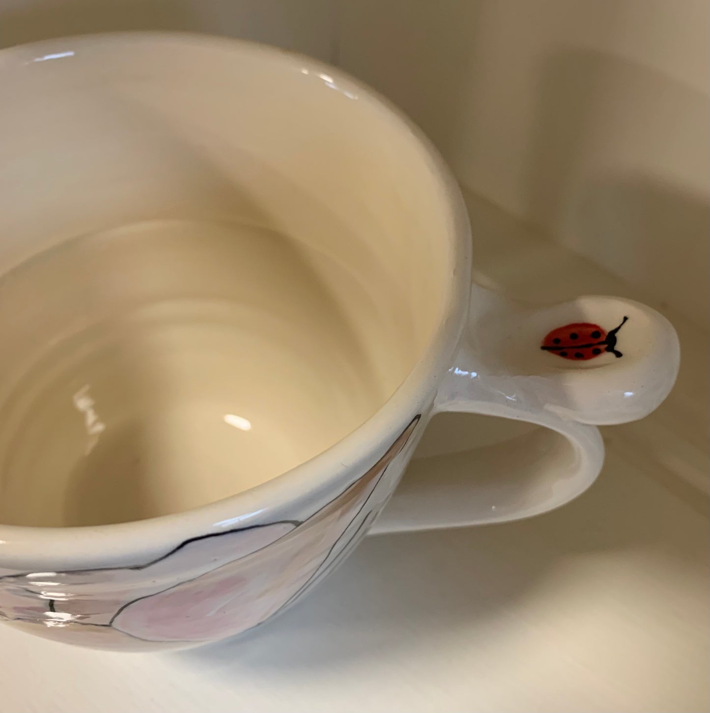 Large wheel thrown mug "Pink butterfly & tulip"