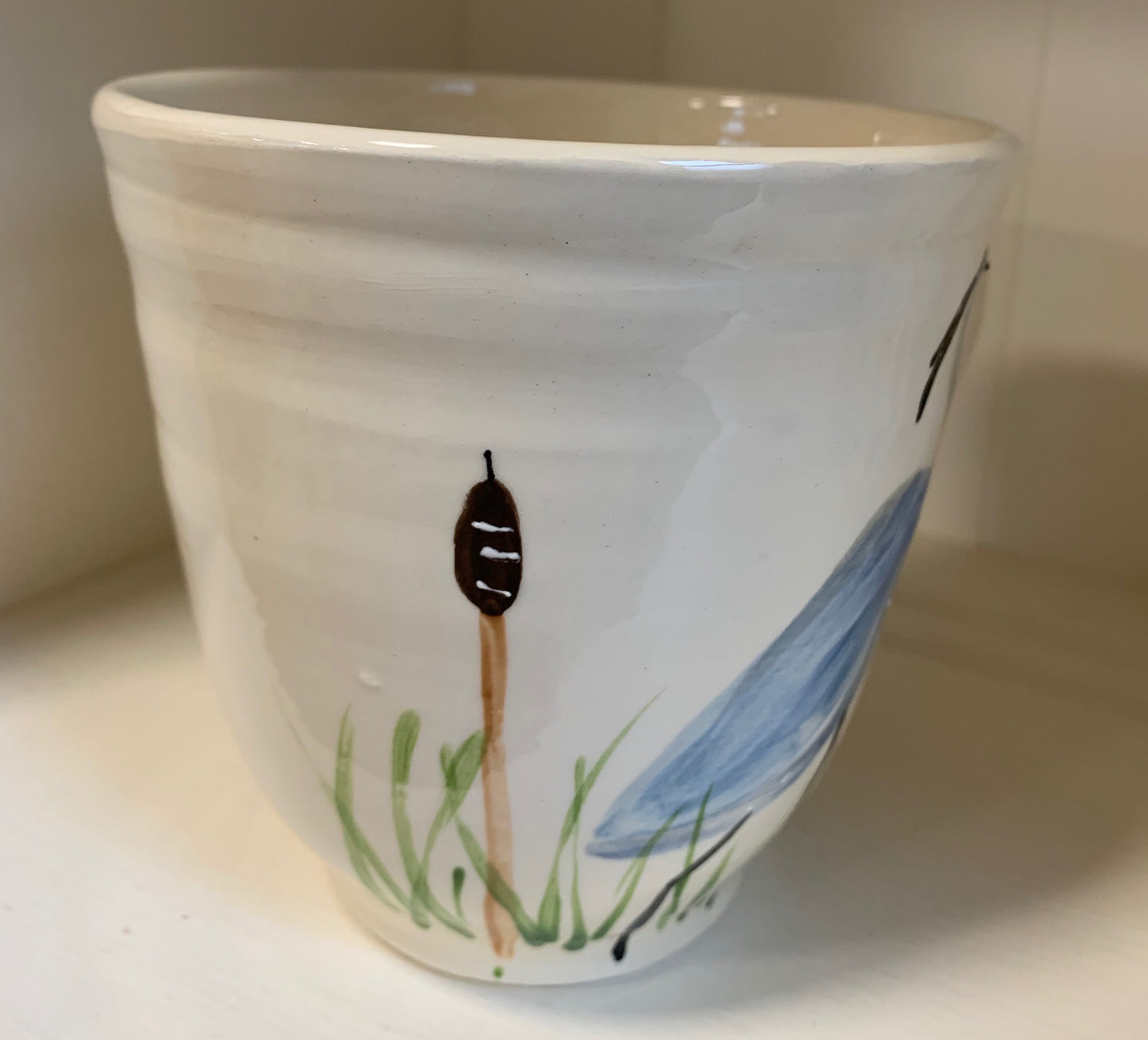 Large wheel thrown mug "Blue Heron looking right"