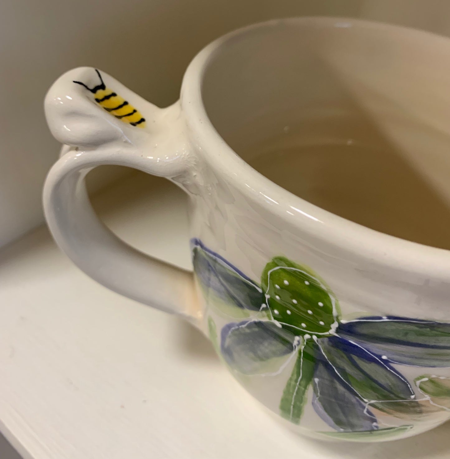 Large wheel thrown mug "Orange & blue flowers"
