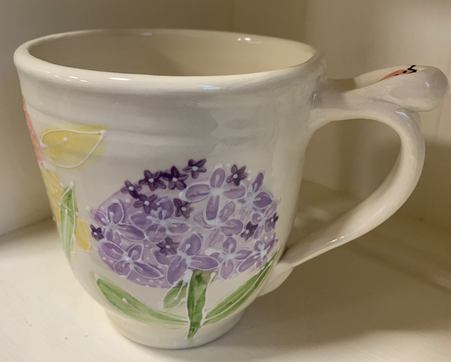 Large wheel thrown mug "Navy blue butterfly & hydrangea"