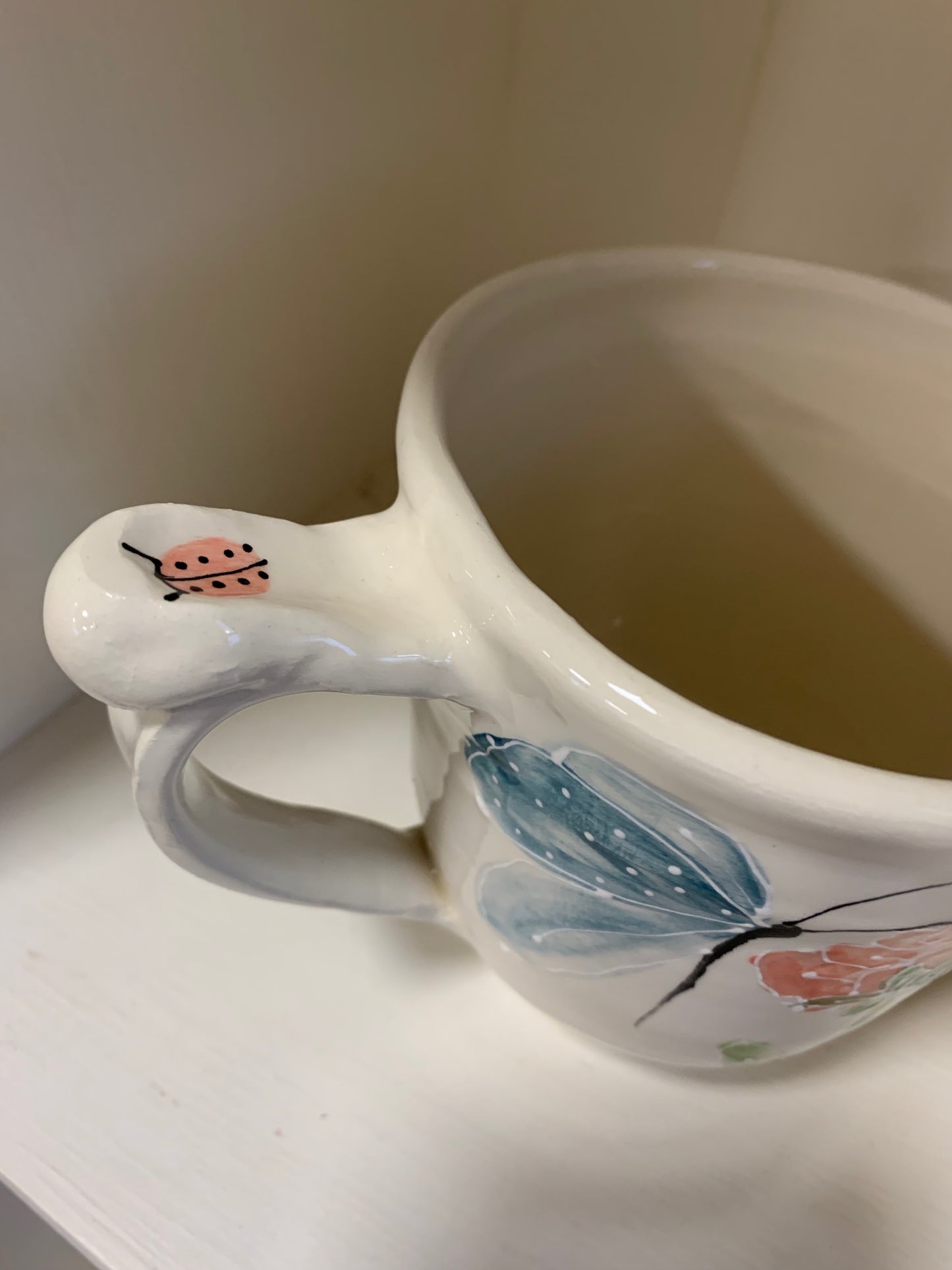 Large wheel thrown mug "Navy blue butterfly & hydrangea"