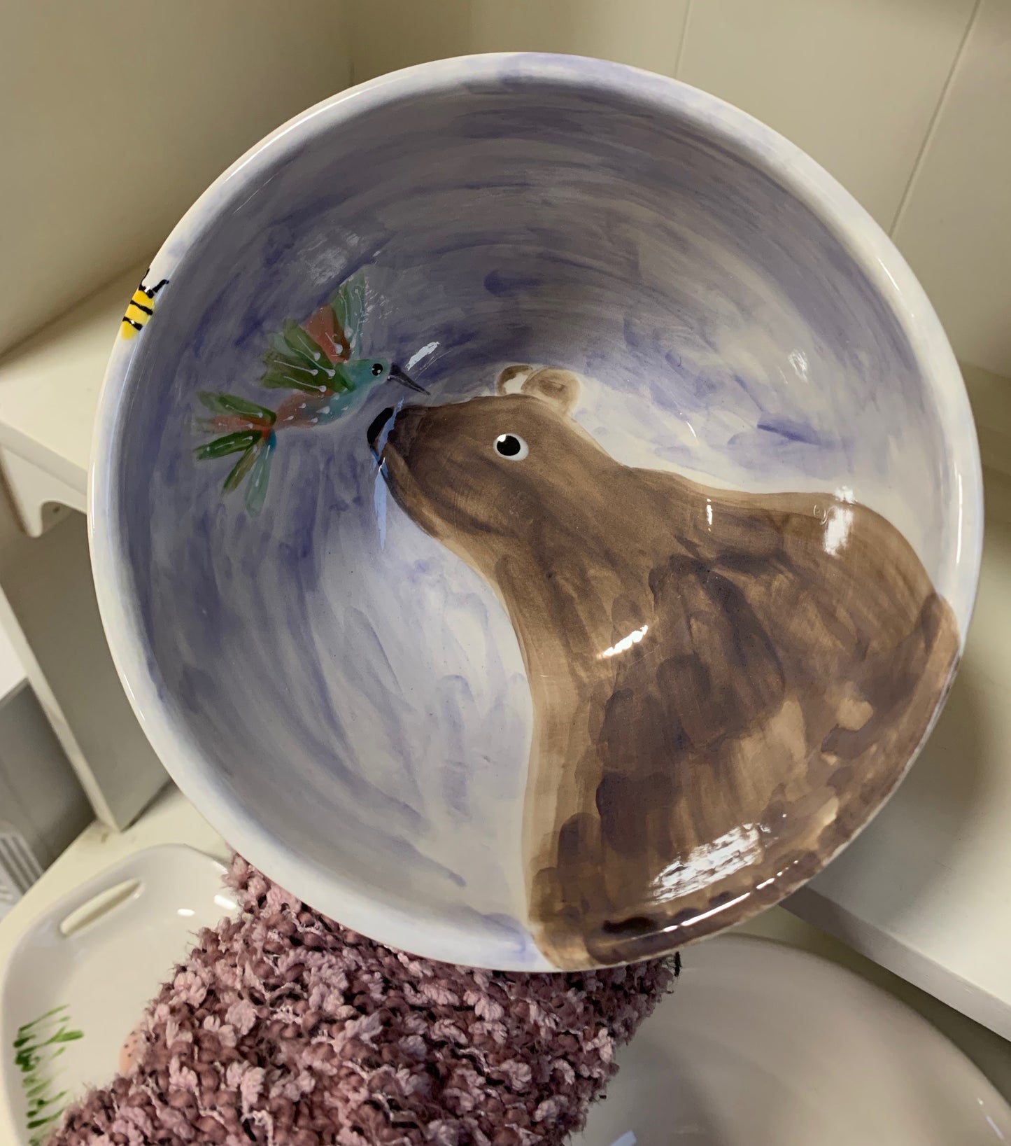 Extra large cereal bowl "Hummingbird & brown bear"