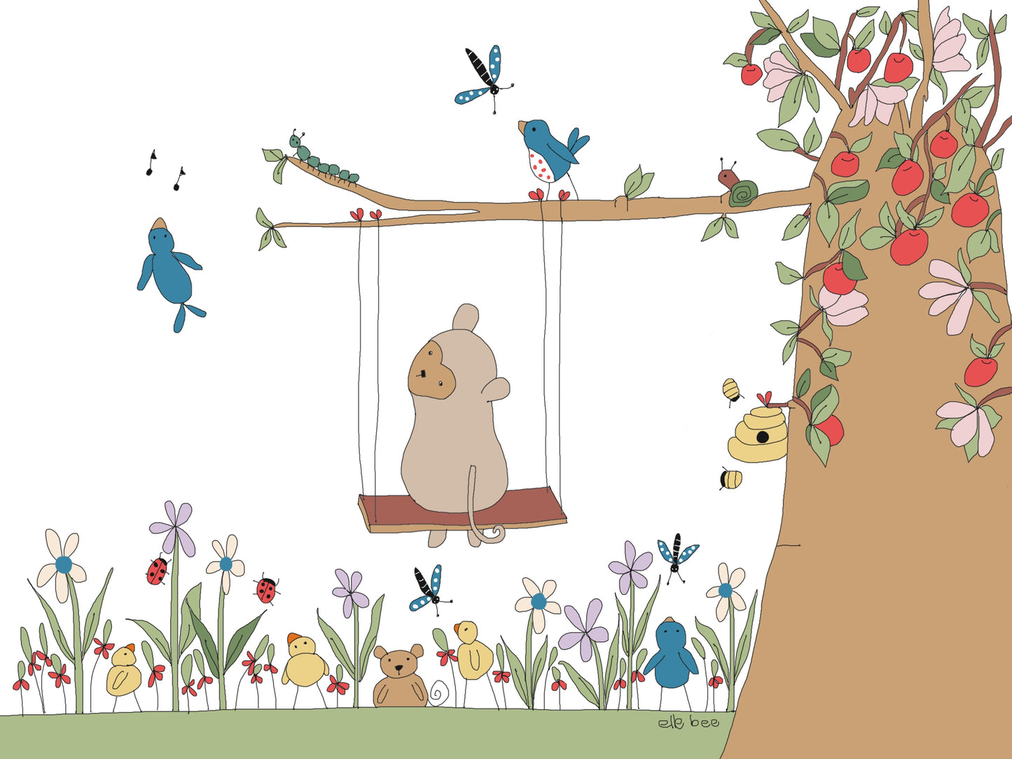 Greeting card "Little monkey in cherry blossoming tree"