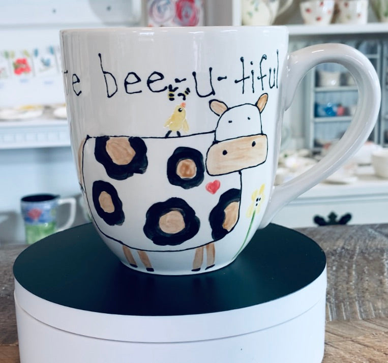 Large coffee or tea mug "You are bee-u-tiful" cow / daisies / beehive / bees