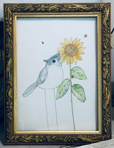 Original watercolour “Timothy Titmouse” bird & sunflower framed