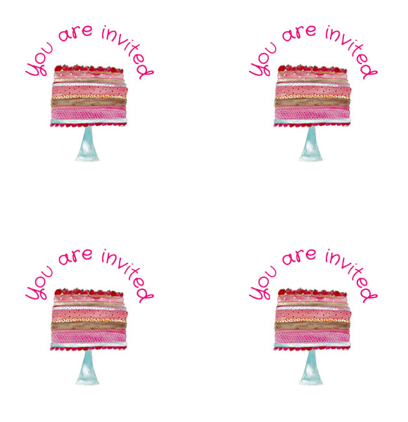 Pretty in Pink - Tea Party invitation set of 4 greeting cards with stickers