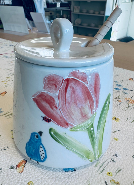 Pink Tulip & Bluebird honey pot