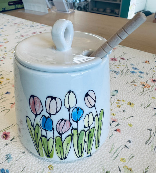 Whimsical spring Tulips honey pot