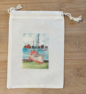 Boat on the beach drawstring bag