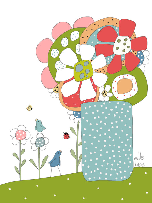 Whimsical vase of flowers greeting card