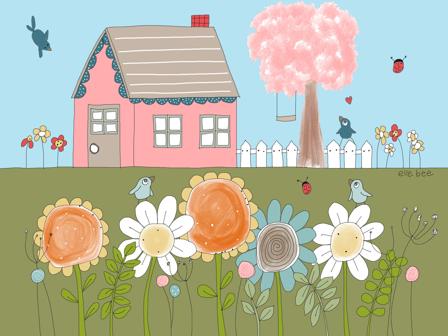 Bluebirds & a Gingerbread House greeting card