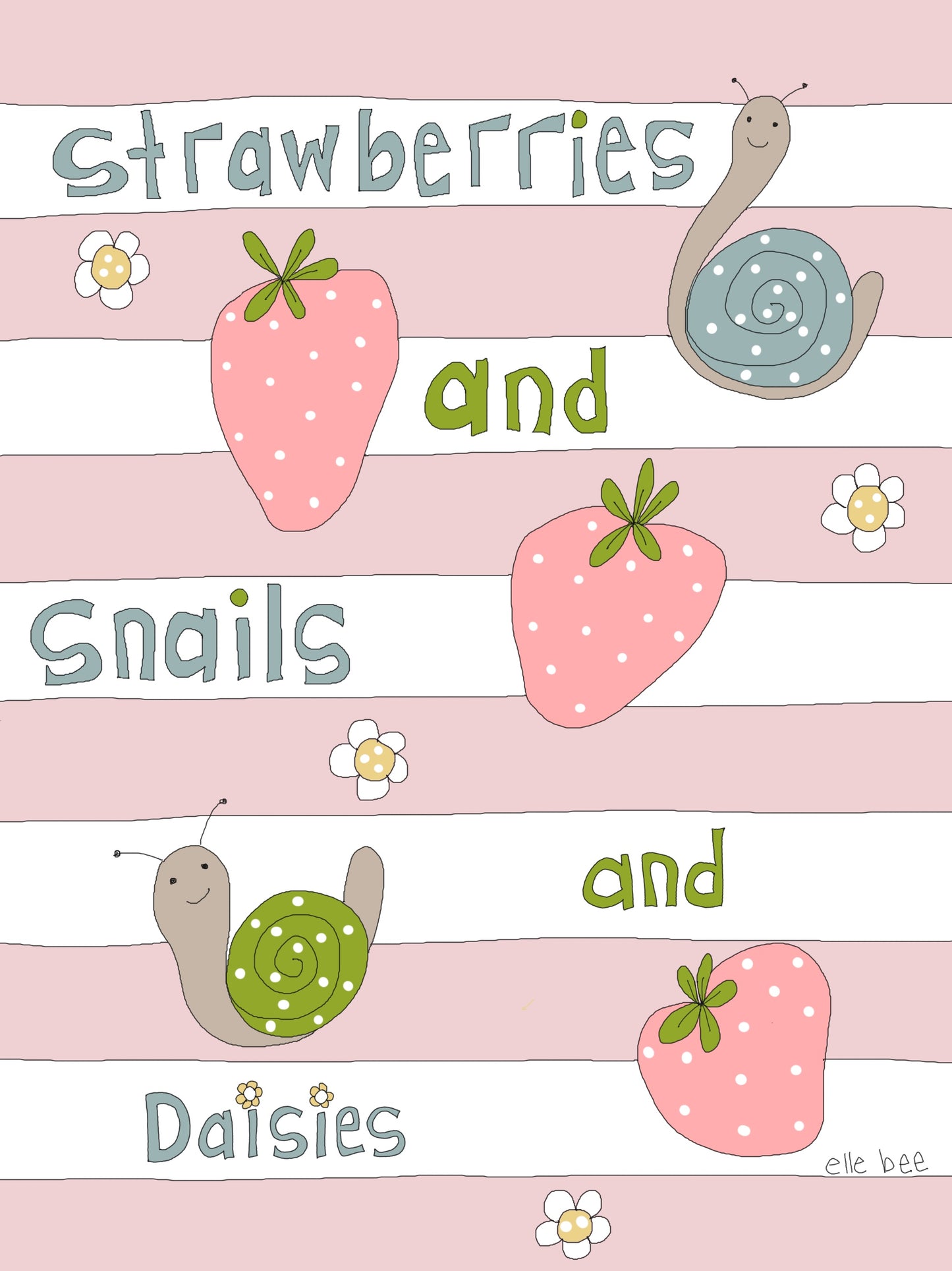 Strawberries and snails and daisies greeting card