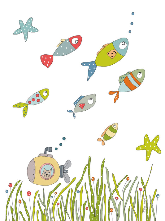 Cat in a submarine greeting card
