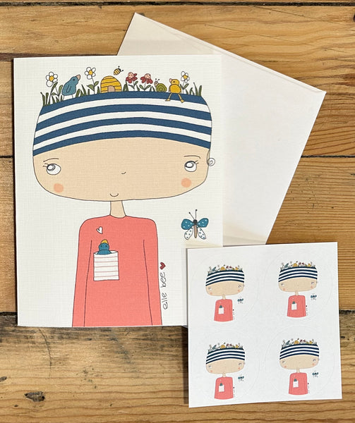 Khloe’s Garden Hat greeting card + 4 stickers!