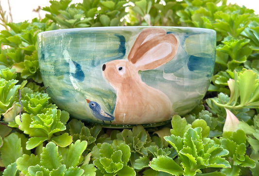 Bunny & bird in the grass cereal bowl