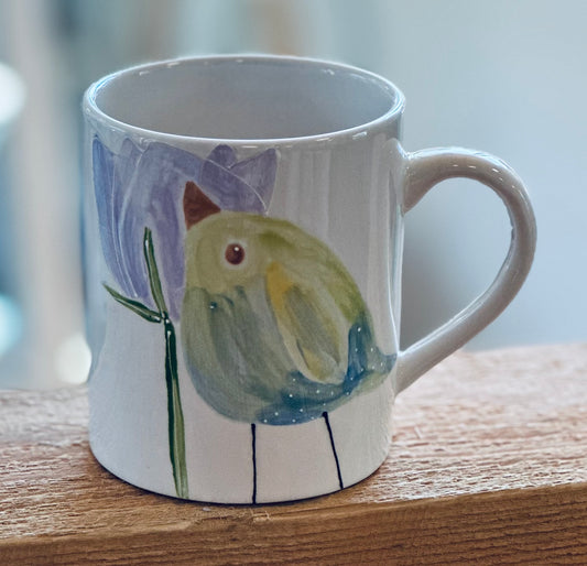 Chubby bird & purple tulip mug