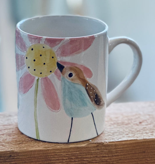 Sparrow & pink Daisy mug