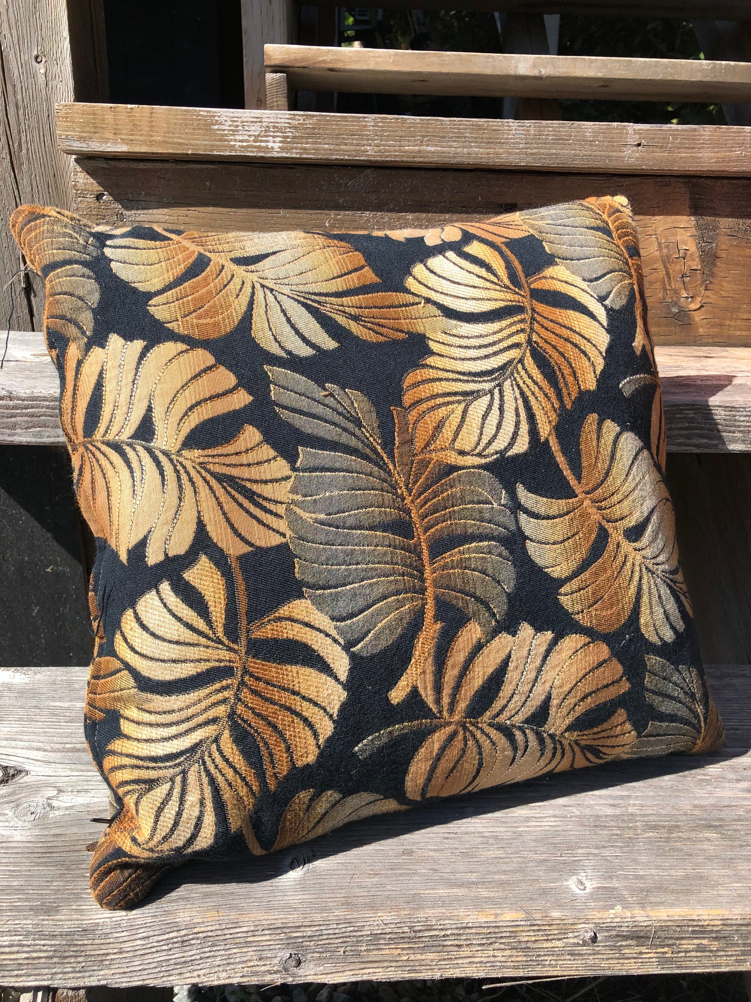 Throw pillow Boho Monstera leaf black gold brown and grey thrifted
