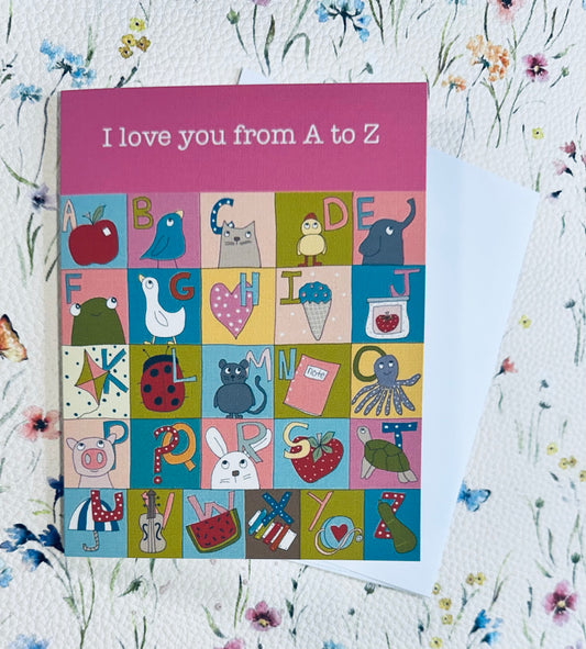 I love you from A to Z (pink) greeting card
